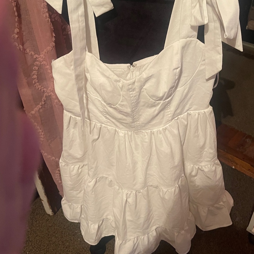 Lulu's Tier-ly Delightful White Tie-Strap Tiered Bustier Mini Dress - Picture 4 of 7